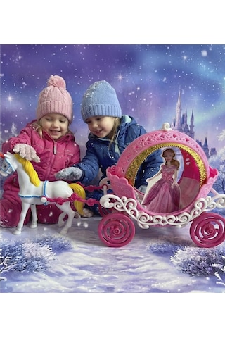 Prenses Oyuncak At Arabası Seti - Taçlı, Altın Detaylı, 25 Cm Uzunluk - Pembe/beyaz 1 Adet