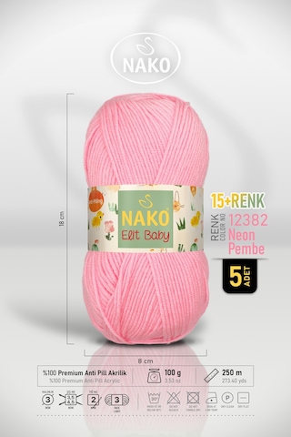 Elit Baby - 12382 Neon Pembe - 5'li Paket - 100gr/250m - Bebek İpi - Anti Pilling Tüylenmez İp