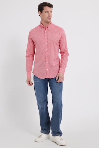Tudors Erkek Slim Fit Dar Kesim Uzun Kollu Keten Premium Seri Düğmeli Yaka Spor Nar Rengi Gömlek-42641 Nar