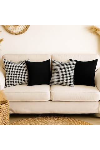 4'lü Kazayağı Desenli Siyah Kırlent Kılıf Seti 4 Al 1 Öde Modern & Bohem Dekoratif Yastık 45 x 45