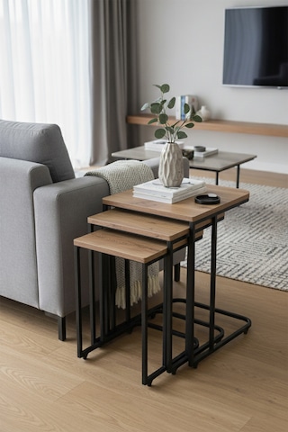 Nemeron Tekerlekli Zigon Sehpa 3lü Yan Sehpa Servis Sehpası Üçlü Çay Sehpası Metal Koltuk Sehpası - Ceviz Ceviz