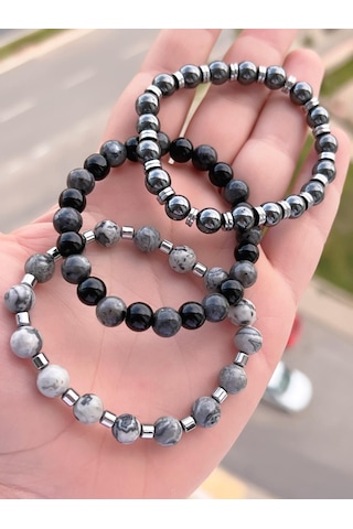 Nursaat 3 Lü Özel Tasarım Unisex Doğal Taş Bileklik Jasper-hematit-onix 08 Renkli