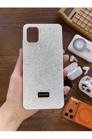 Samsung A06 Uyumlu Kadife İç Yüzey Tasarımlı Taşlı Işıltılı Parlak Pırlanta Kılıf Dia Plus Beyaz