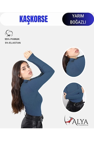 Alya Underwear Kaşkorse Yarım Boğaz Body Sweatshirt, Fitilli Kumaş, Likralı, Bordo İndigo Melanj