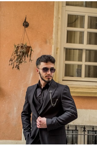 Dupont Classics Dupont Erkek Slim Fit 6 Drop Çift Yırtmaç Yelekli Takım Elbise Siyah