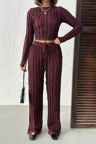 Trend Alisse Bordo Kışlık Premium Fitilli Parmak Geçmeli Crop Bluz Bol Paça Pantolon Takımı