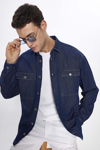 Tudors Erkek Oversize Geniş Kesim Uzun Kollu Denim Kapaklı Çift Cep Lacivert Gömlek-31469-lacivert Lacivert