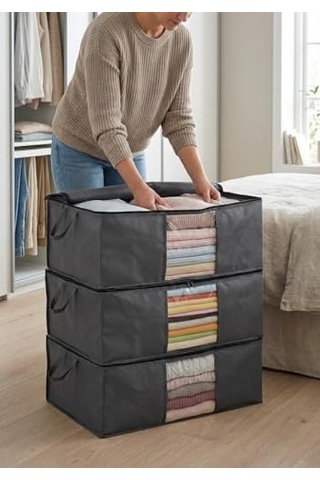 3'lü Siyah Pencereli Hurç Seti 64x45x22 Cm Bez Kumaş Baza Altı Organizer, Şeffaf Pencereli Hurç, Giysi Ve Nevr Diğer
