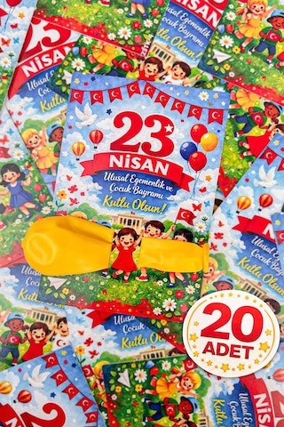 20 Adet 23 Nisan Şeker Ve Balon Konulabilen Tebrik Kartı 20'li Set Sınıf Dağıtımlık Hediyelik Kart