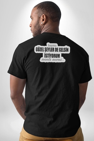 Başıma Güzel Şeylerde Gelsin İstiyorum Mesela Mermi Yazılı Pamuklu Unisex Oversize Sırt Dijital Baskılı Siyah T-shirt Siyah