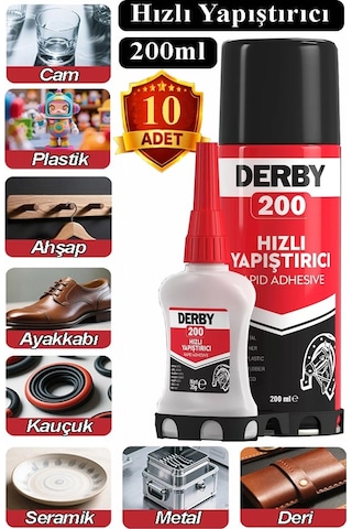 Derby Hızlı Yapıştırıcı Seti 200 Ml 10 Adet Ahşap Ve Plastik Yüzeyler İçin Yüksek Yapıştırma Gücü Düşük Viskozite 200 Ml