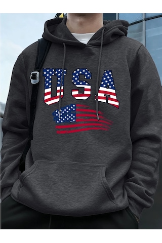 Tarzsokak Abd Amerika Bayrağı Baskı Erkek Tişörtü Kış Polar Sıcak Kapüşonlular Temelleri Büyük Boy Cep Antrasit