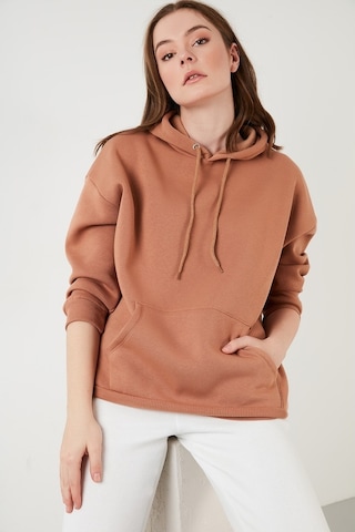 Lela Regular Fit Pamuklu Kapüşonlu Yaka Şardonlu Kışlık Bayan Sweat 5863854 Bisküvi