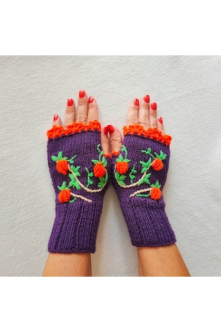 Newdaycraft El Örgüsü Motifli Parmaksız Eldiven / Bileklik - Halloween Mor Koyu Mor