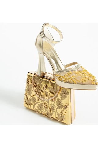 Dabab Shoes Pearly Gold Ayakkabı Çanta Kombin Platformlu 11cm Topuklu İncili Bantlı Abiye Ayakkabı Ve Çanta Seti Altın Kombin