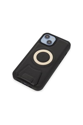 & Aksesuar Apple iPhone 13/14 İçin Magsafe İle Uyumlu Arkası Deri Görünümlü, Yapıya Sahip Kamera Çerçeveli Ultra Güçlendirilmiş Magsafe Özellikli Açılır Stantlı Darbeye Dayanıklı Kılıf Siyah