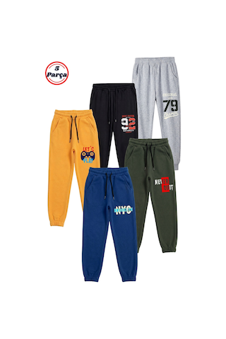 Fyk Kids 5'li Baskı Detaylı Beli Lastikli Erkek Çocuk Jogger Eşofman Altı Gri-siyah-sarı-haki-indigo