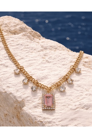 Baget Model Zirkon Taşlı Gold Pembe Renkli Çelik Kolye