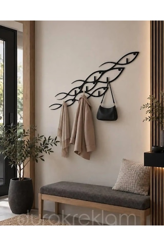Dekoratif Metal Duvar Askılığı 80 Cm Balık Figürlü, 3 Mm Dkp Sac, Fırın Boyalı Siyah