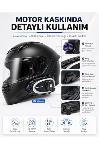 Q29 İntercom Kulaklık Kask Kulaklığı 1080p Hd Kameralı Hafıza Kart Takılabilir İntercom Desteği Mikrofonlu 5.4 .ift Çekirdekli Su Geçirmez Gürültü Azaltma Hafıza Kartı Dahil