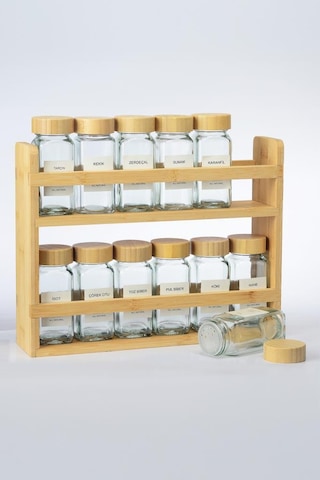 Mien Bambu Standlı Bambu Kapaklı Baharatlık 25 Parça Tezgah Üstü Bambu
