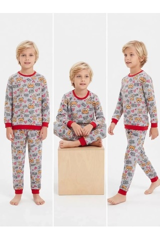 Veraura Lifestyle 4/10 Yaş Ayıcık Baskılı Pamuk Penye Çocuk Pijama Takımı Kırmızı