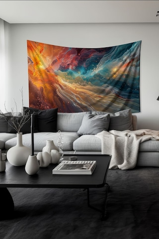 Kozmik Renkler Desenli Duvar Halısı Duvar Örtüsü Tapestry Süet Dokulu Kumaş