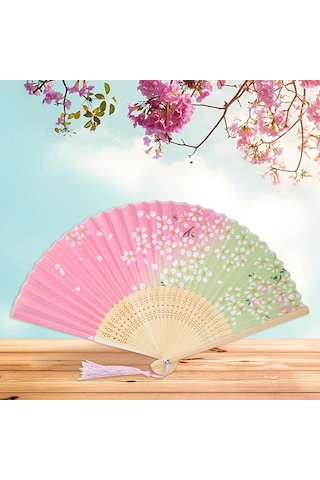 Beluga Yelpaze Bambu Kumaş Serinletici Vintage Pembe/yeşil Çiçekli Şık Dekorasyon Püsküllü Japon Yelpaze 0402