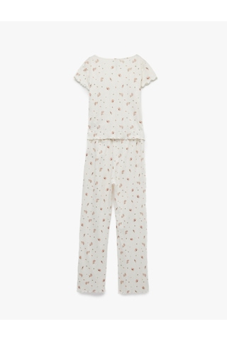 Koton Rahat Kesim Pamuklu Kısa Kollu Çiçek Desenli Pijama Takımı Ekru Desenli 7wlk40194mk