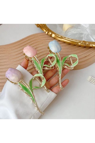 11 Cm Mavi Lale Model Saç Tokası Zarif Çiçekli Metal Mandal Toka Mavi