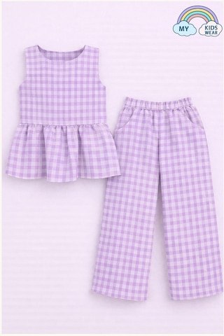 My Kids Wear Kız Çocuk Pötikareli Peplum Bluz Ve Pantolon Takımı 12694 Lila