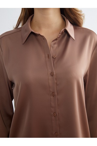 Lcwaıkıkı Classic Kahverengi Oversize Saten Kadın Gömlek