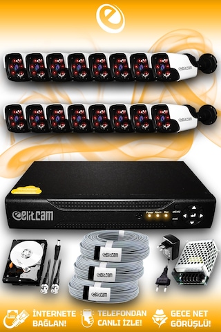 Elitcam 16 Kameralı Panda 16 Dış Kamera Set 500 GB HDD Full HD Gece Görüşlü Güvenlik Kamerası Sistemi