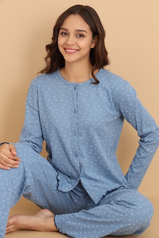 Wordex Mirano 8454 Pointel Kumaş Boydan Düğmeli Günlük Çiçekli Kadın Pijama Takımı Mavi