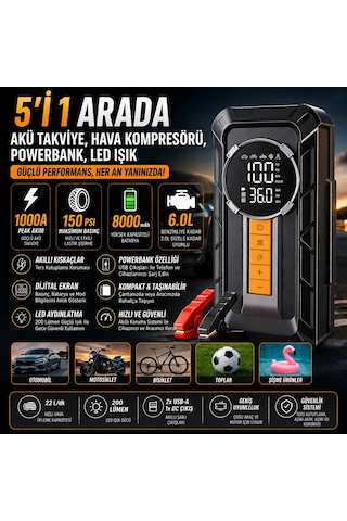 Araç Akü Takviye Cihazı Hava Kompresörü 1000a 150 Psı 8000 Mah Şarjlı Lastik Şişirme Powerbank Led Işıklı