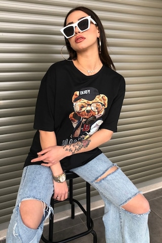 Modagen Kadın Happier Oversize Baskılı Siyah T-shirt Hp Siyah
