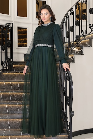 Senna Taş Detaylı Büyük Beden Şık Tesettür Abiye Zümrüt