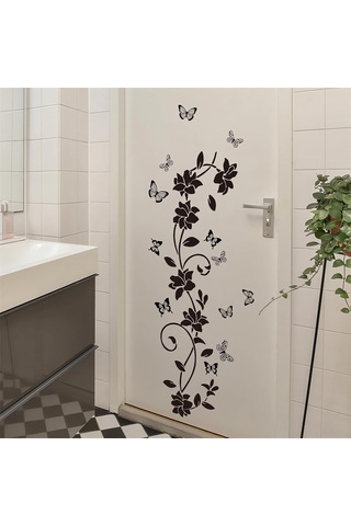 Gajeena Siyah Çiçek Asma Kelebek Duvar Sticker, Kaldırılabilir Vinyl Otostik Ev Dekoru, Banyo Oturma Odası Yatak Odası Dekoratif 90x30cm Siyah