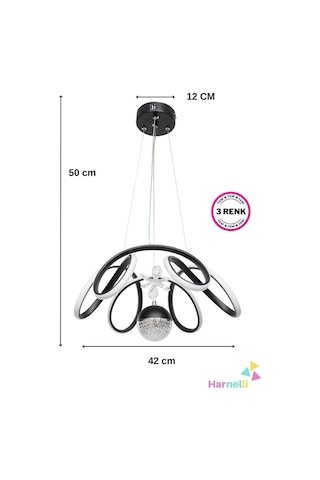 3 Renk Yanabilen Şeker Camlı Modern Ledli Avize Antrasit Siyah