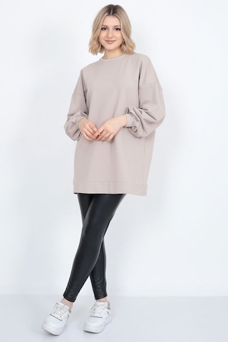 Kadın Uzun Kollu Oversize Sweatshirt Nakişli Bej