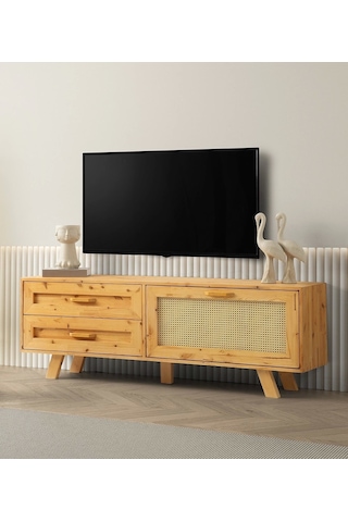 Tv Sehpası 2 Çekmeceli 1 Hasır Kapaklı Natural Ağaç 180cm Kurulu Gönderilir Naturel