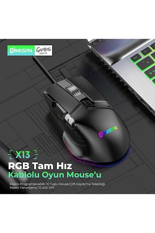 Mkespn X13 Gaming Mouse Kablolu 12400 Dpi 10 Tuş Makro Rgb Oyuncu Mouse Siyah