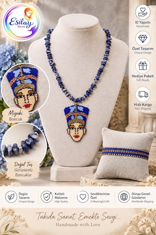 El Yapımı Miyuki Boncuk Nefertiti Figürlü Kolye Ve Bileklik Seti Mavi Özgün Tasarım