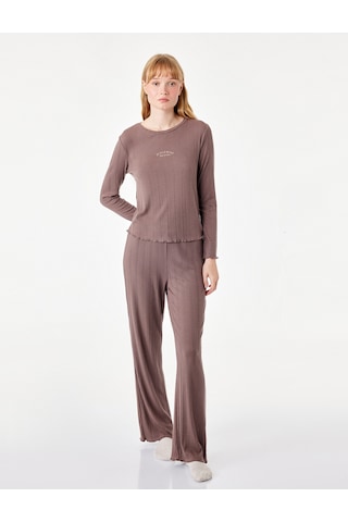 Koton Modal Kumaş Uzun Kollu Bisiklet Yaka Pijama Üstü Kahverengi 7wlk40068mk Kahve