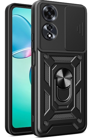 Zore Oppo A60 Uyumlu Magnetik Standlı Kamera Korumalı Msra Sürgülü Vega Kapak-siyah Siyah