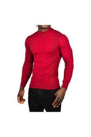Deepsea Erkek Bordo Yarım Balıkçı Yaka Çizgili Tüylenmeyen Slim Fit Triko Kazak 2505491 Bordo