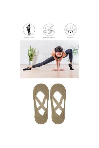 2 Adet Kadın Kaydırmaz Tabanlı Yoga Pilates Fitness Dans Ve Spor Çorabı Bej