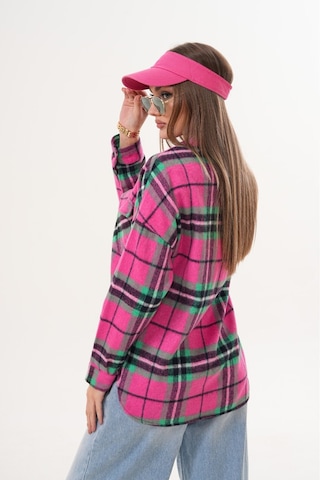 Kadın Desen Bloklu Oduncu Oversize Bol Ve Geniş Kalıp Casual Cepli Yakalı Ceket Gömlek Pembe