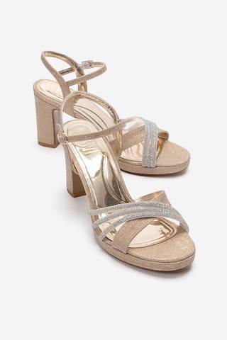 Luvishoes Jarena Altın Simli Taşlı Kadın Kalın Topuklu Abiye Ayakkabı