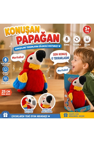 Konuşulanı Tekrarlayan Eğlenceli İnteraktif Oyuncak Papağan Peluş 25 Cm Kırmızı
